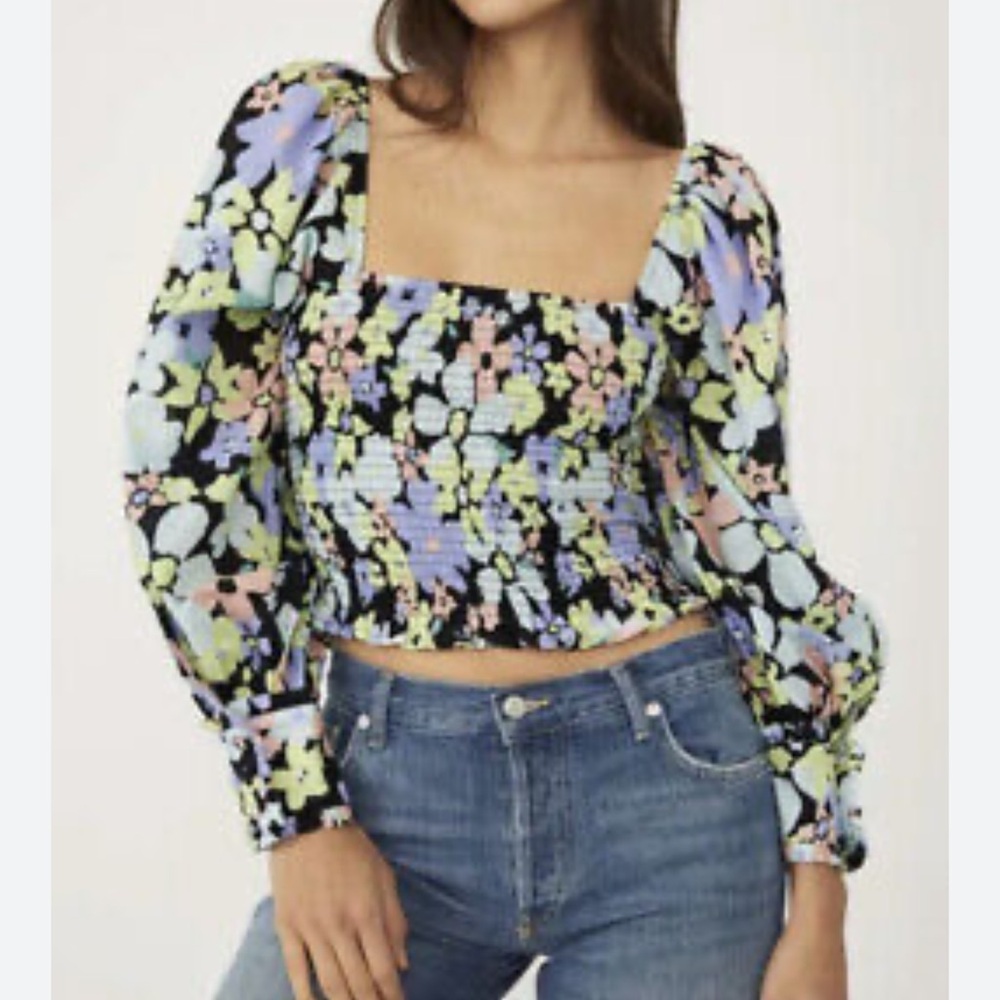 Free People Ariana Floral Printed Smocked Top Multi Puff Sleeve Square Neck-L
